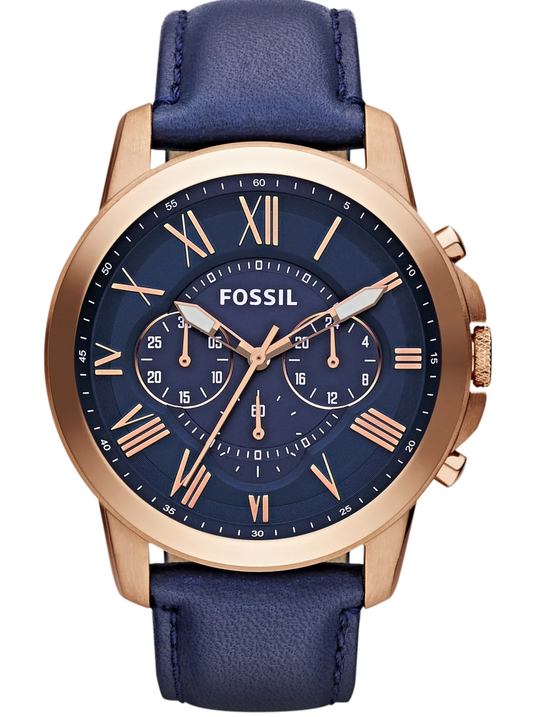Montre Homme Fossil Grant FS4835 - Boîtier or rose, cadran et bracelet cuir bleu