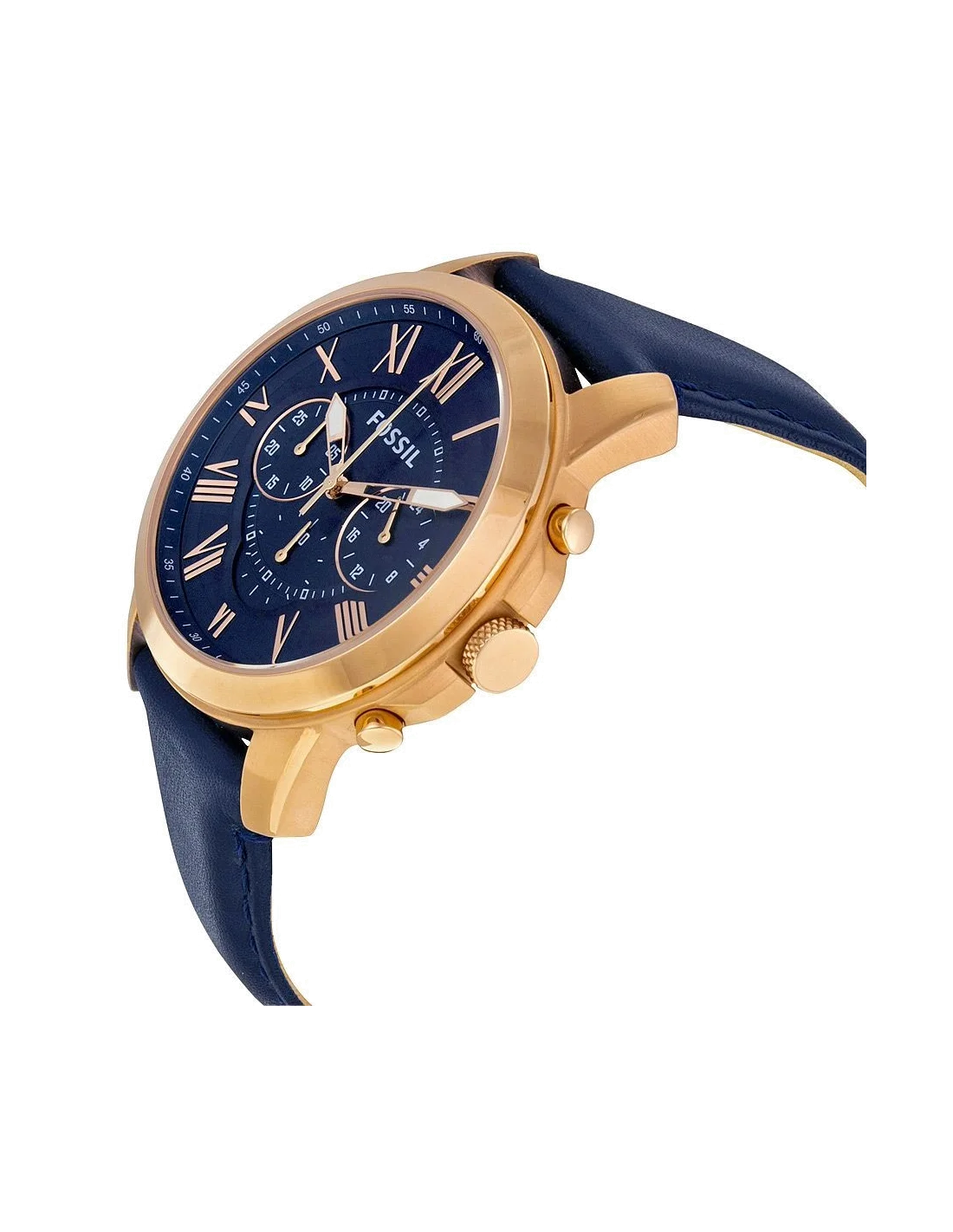 Montre Homme Fossil Grant FS4835 - Boîtier or rose, cadran et bracelet cuir bleu vue 3