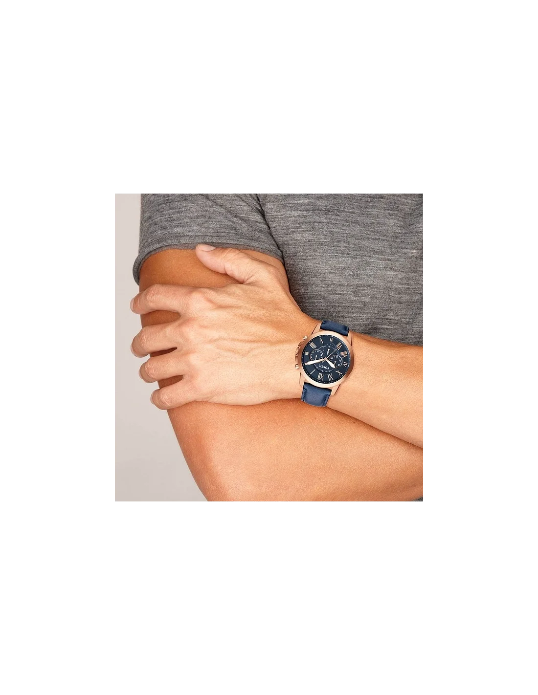 Montre Homme Fossil Grant FS4835 - Boîtier or rose, cadran et bracelet cuir bleu vue 4