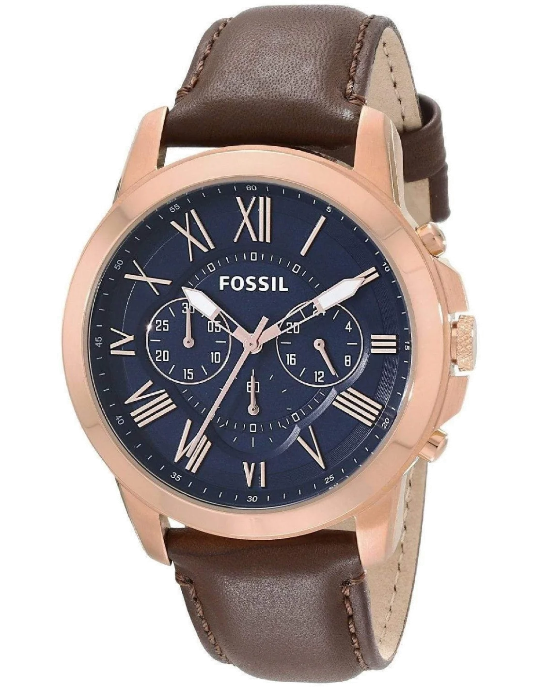 Montre Homme Fossil Grant FS5068IE Cadran Bleu, Boîtier Or Rose, Bracelet Cuir Marron