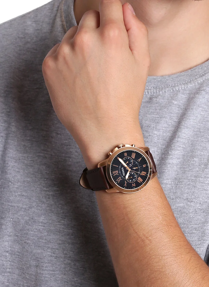 Montre Homme Fossil Grant FS5068IE Cadran Bleu, Boîtier Or Rose, Bracelet Cuir Marron vue 4