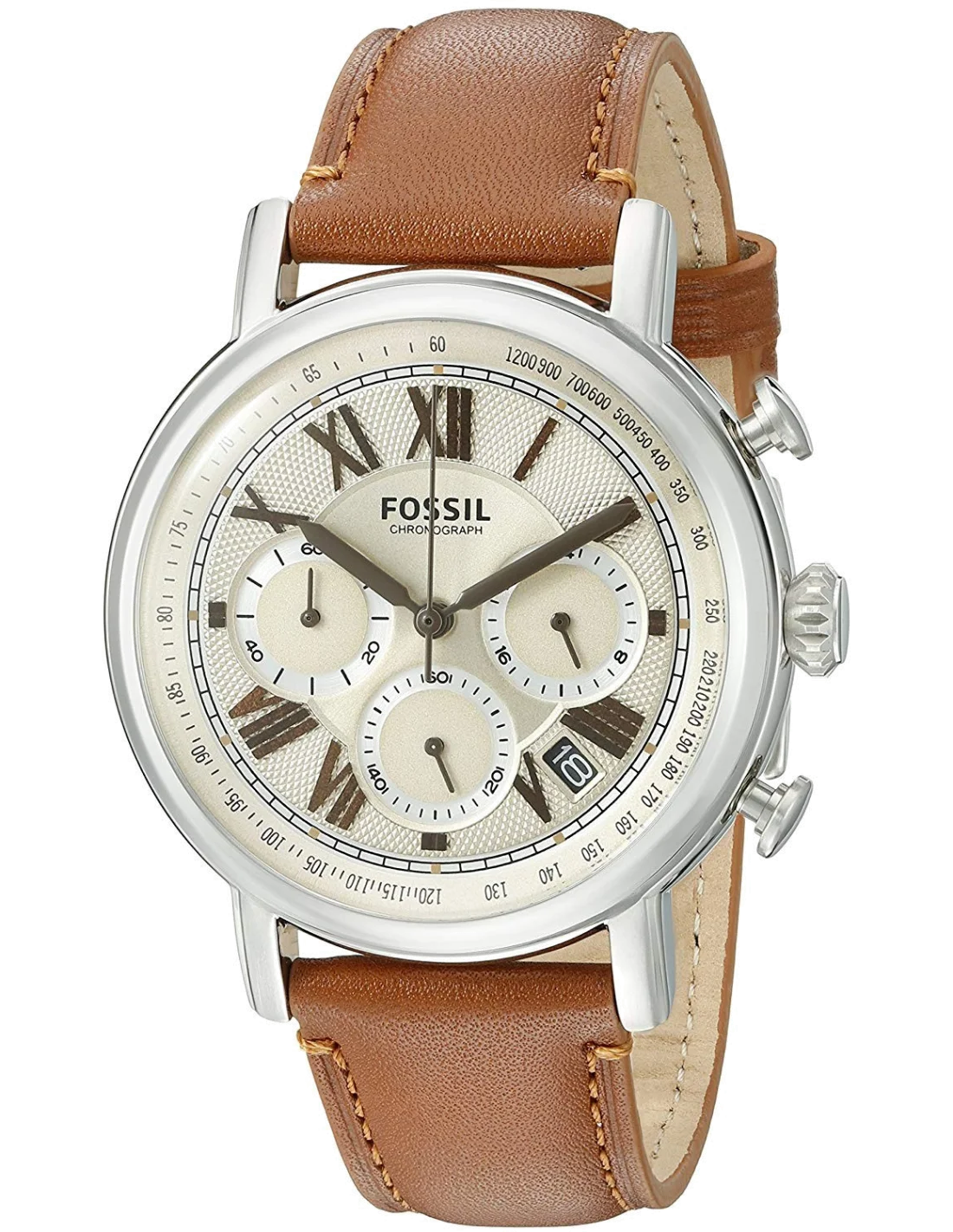 Montre Homme Fossil FS5117 en acier argenté avec cadran beige et bracelet cuir marron vue 2