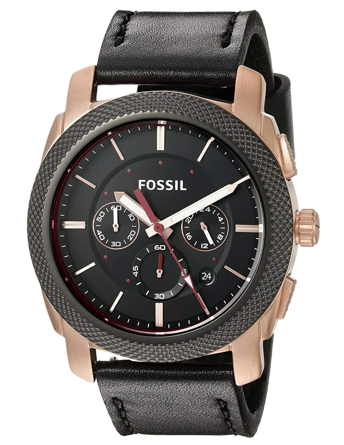 Montre Homme Fossil Machine FS5120, cadran noir, boîtier or rose, bracelet cuir