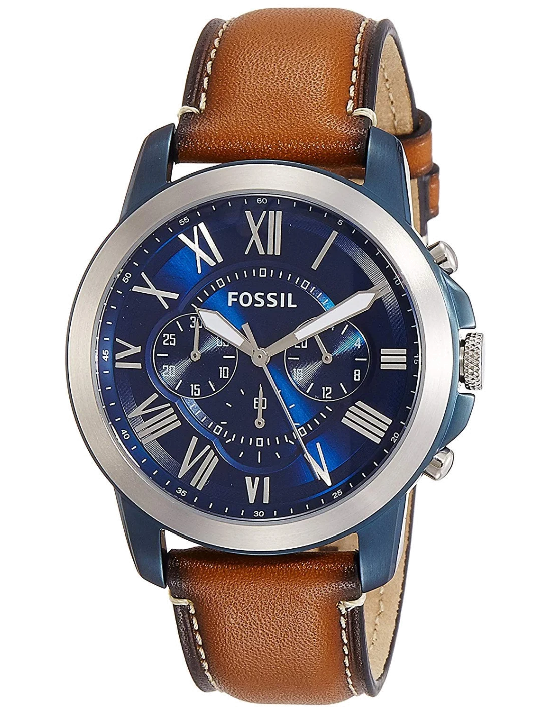 Montre Homme Fossil Grant FS5151, Cadran Bleu, Bracelet Cuir Marron