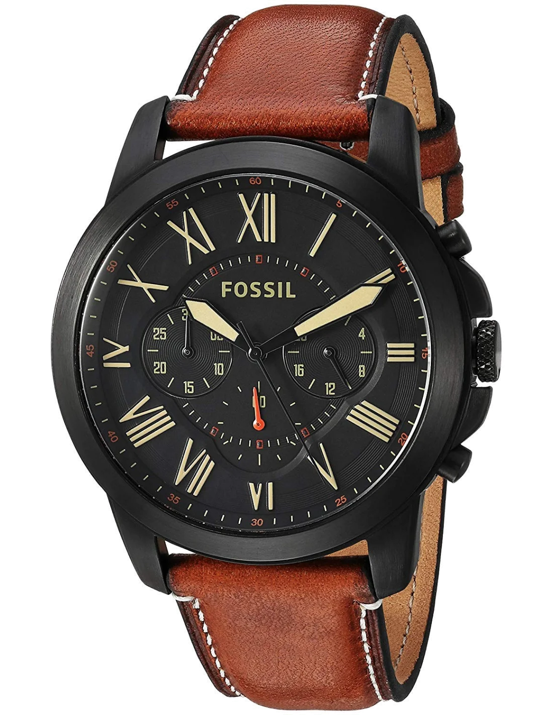 Montre Homme Fossil Grant FS5241 Cadran Noir Bracelet Cuir Marron