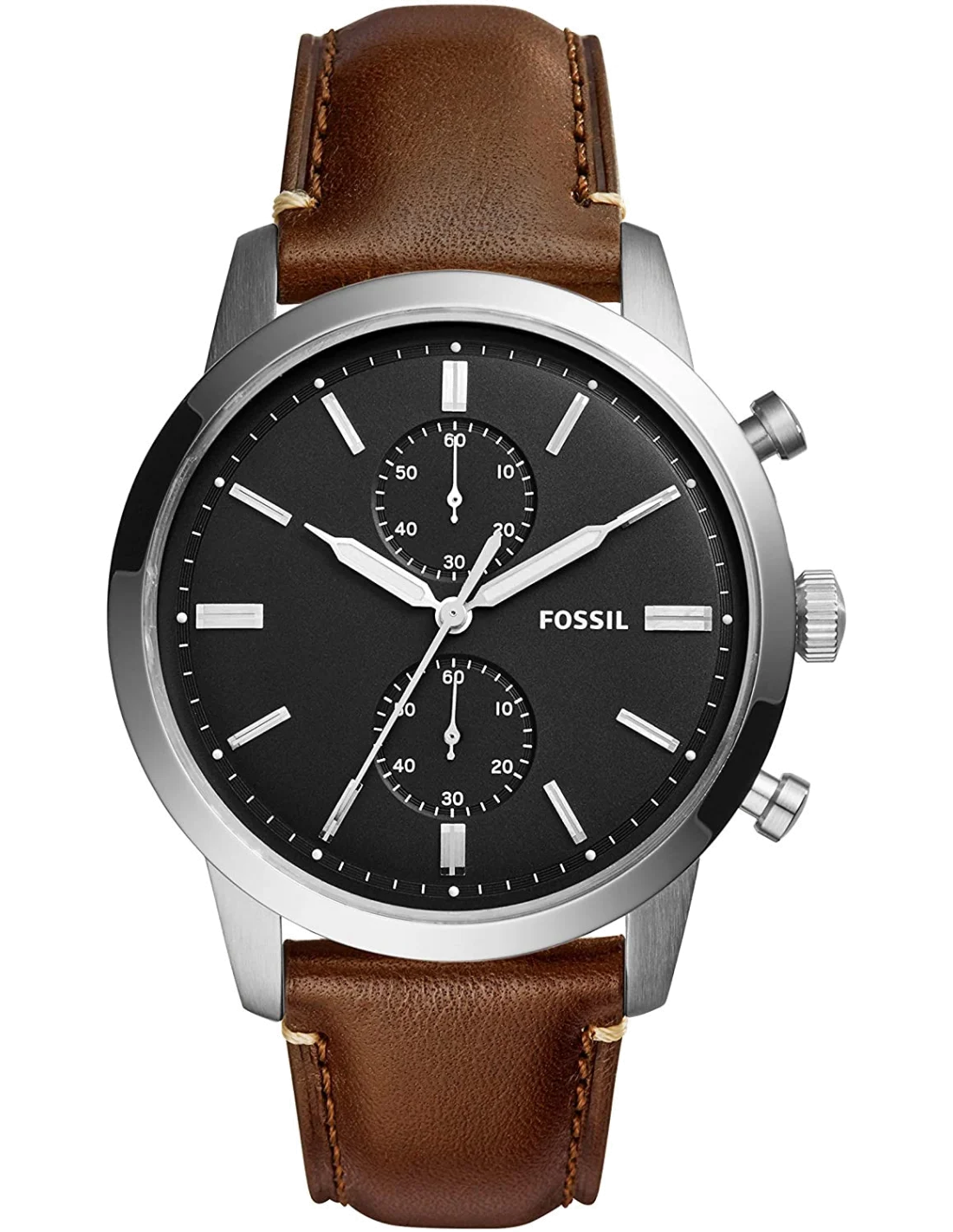 Montre Homme Fossil Townsman FS5280 Cadran Noir Acier, Bracelet Cuir Brun