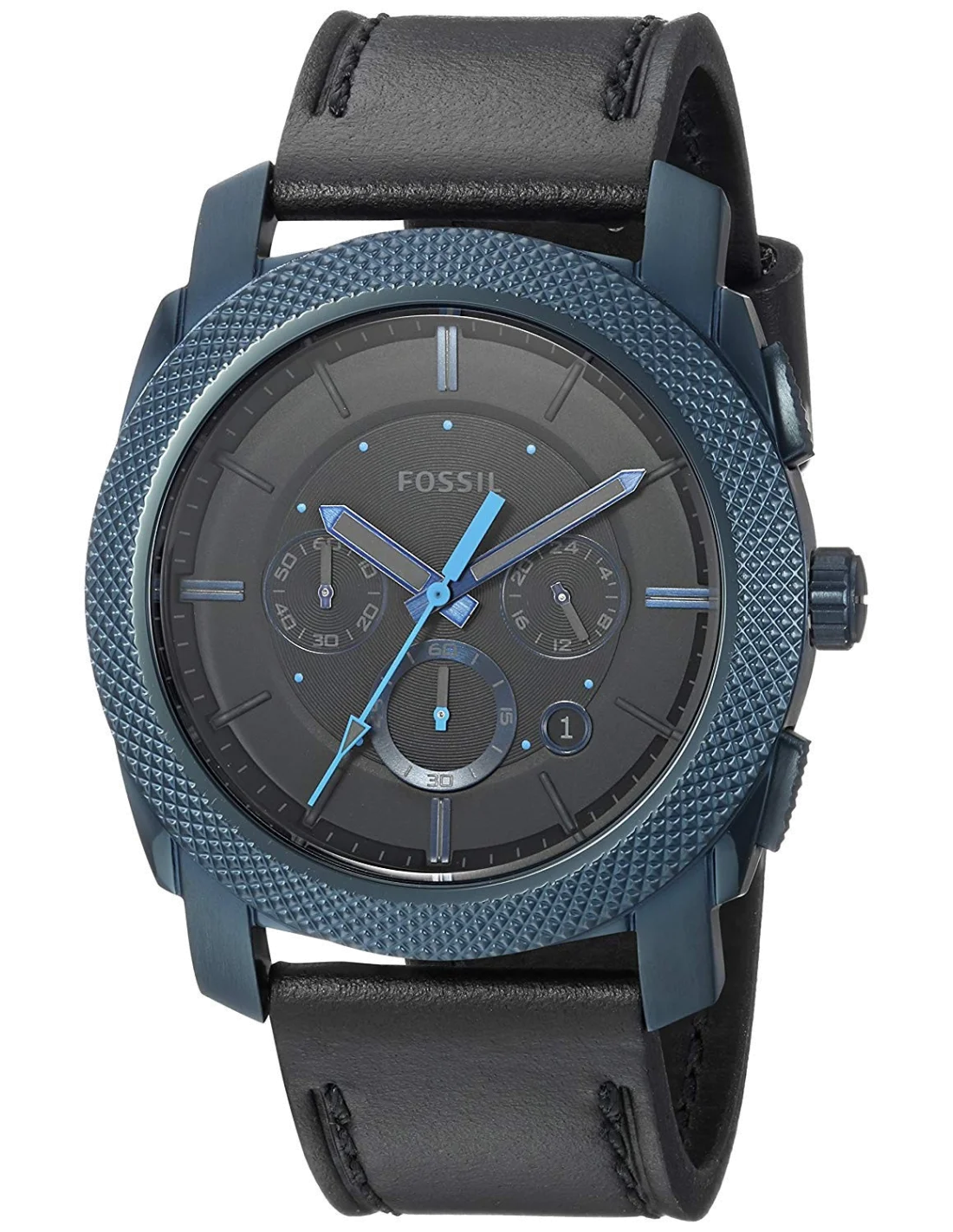 Montre Homme Fossil Machine FS5361 Boîtier Bleu Cadran Noir Bracelet Cuir