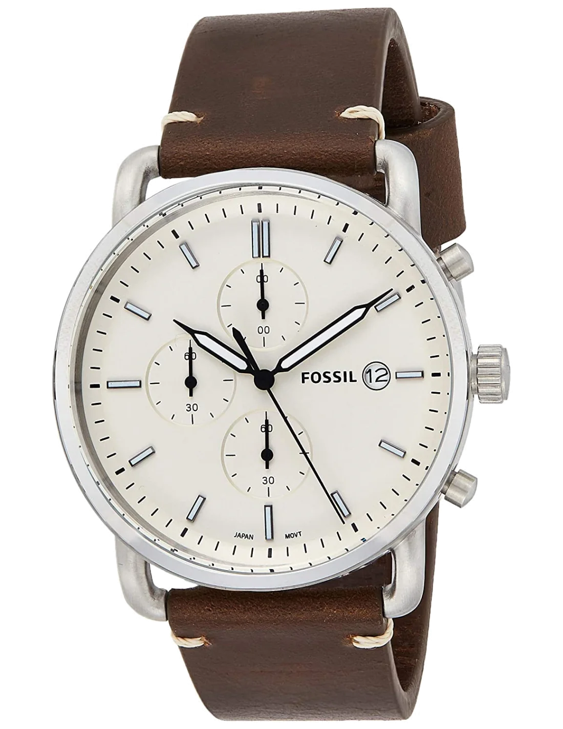 Montre Homme Fossil The Commuter FS5402, Cadran Blanc, Bracelet Cuir Marron
