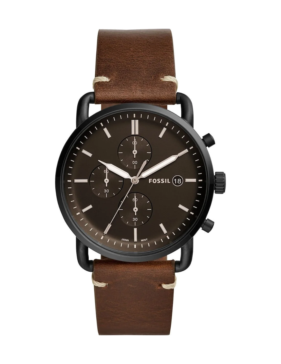 Montre Homme Fossil The Commuter FS5403, cadran noir et bracelet cuir marron