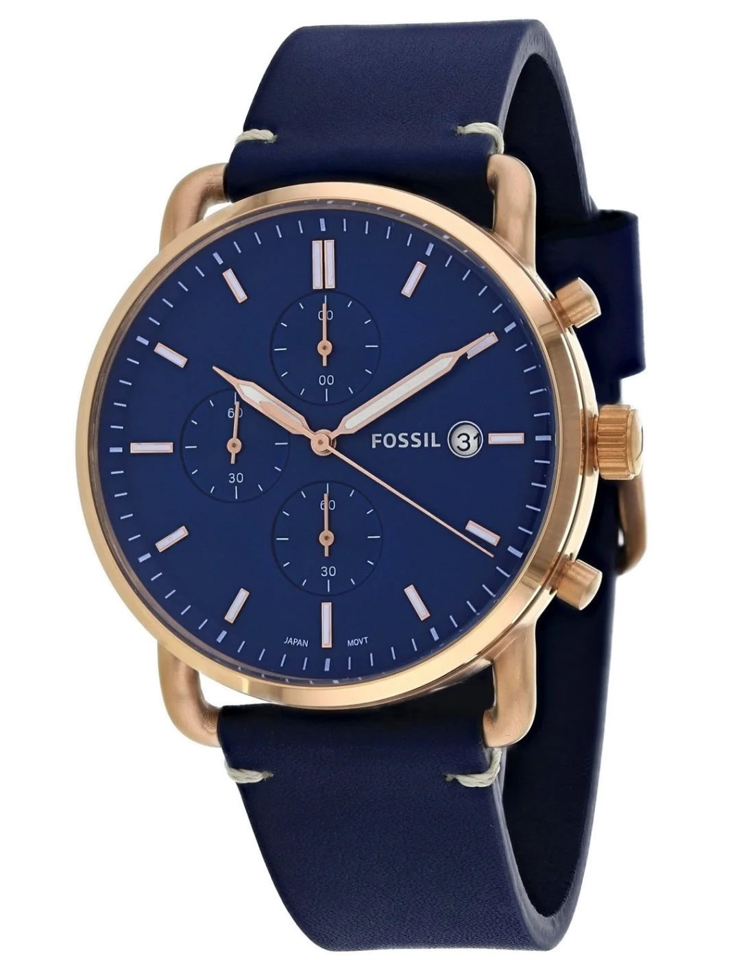 Montre Homme Fossil The Commuter FS5404, Cadran et Bracelet Bleu, Boîtier Or Rose