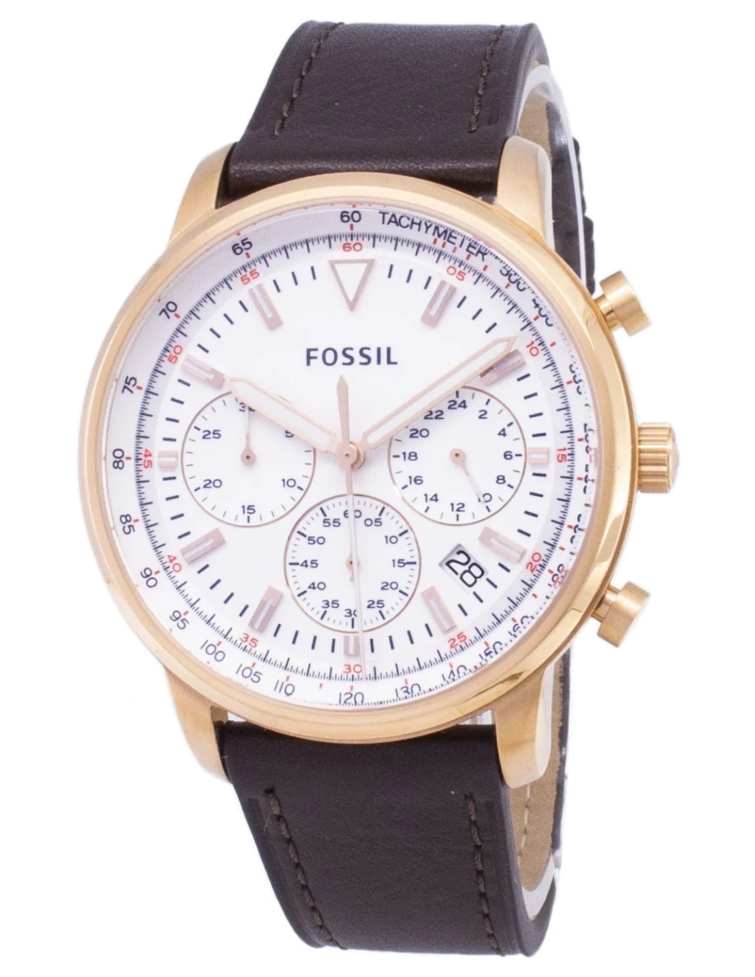 Montre Homme Fossil FS5415 Chronographe Cadran Noir, Boîtier Or Rose, Bracelet Cuir Marron