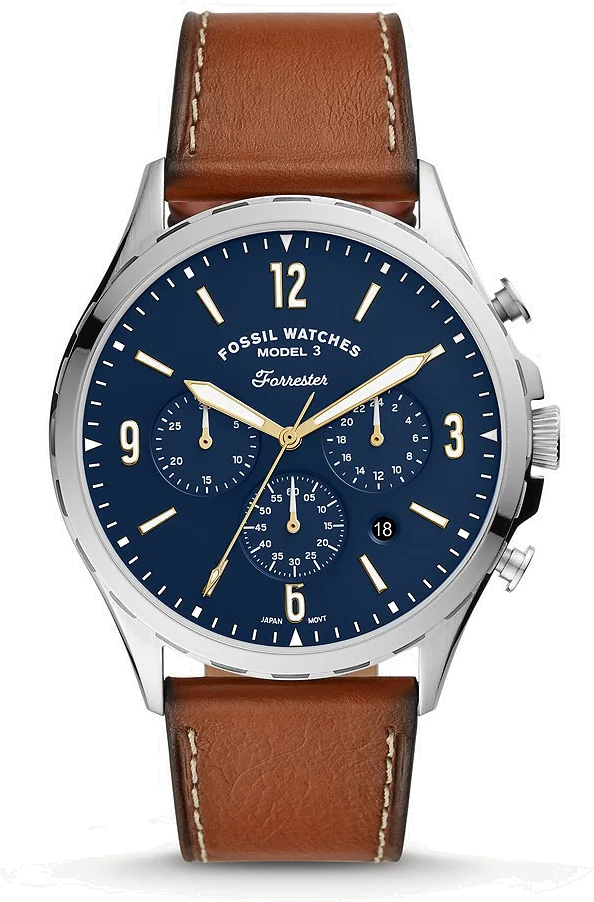 Montre Homme Fossil FS5607 Forrester - Cadran Bleu, Boîtier Argent, Bracelet Cuir Marron