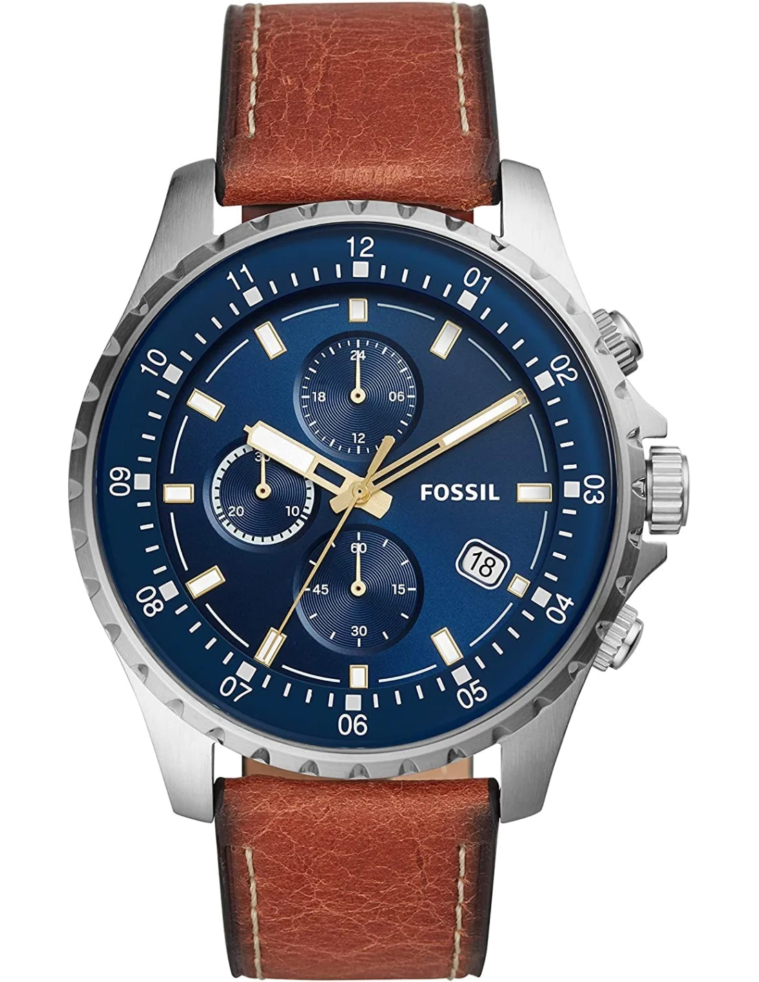 Montre Homme Fossil Dillinger FS5675 - Cadran Bleu, Boîtier Noir, Bracelet Cuir Marron