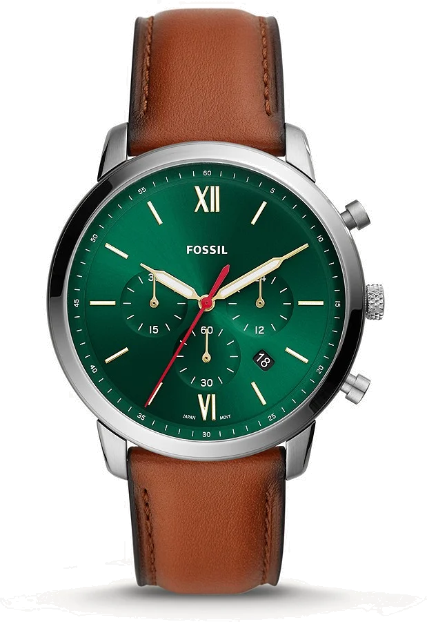 Montre Homme Fossil FS5735 Chronographe Cadran Vert Soleillé Bracelet Cuir Marron