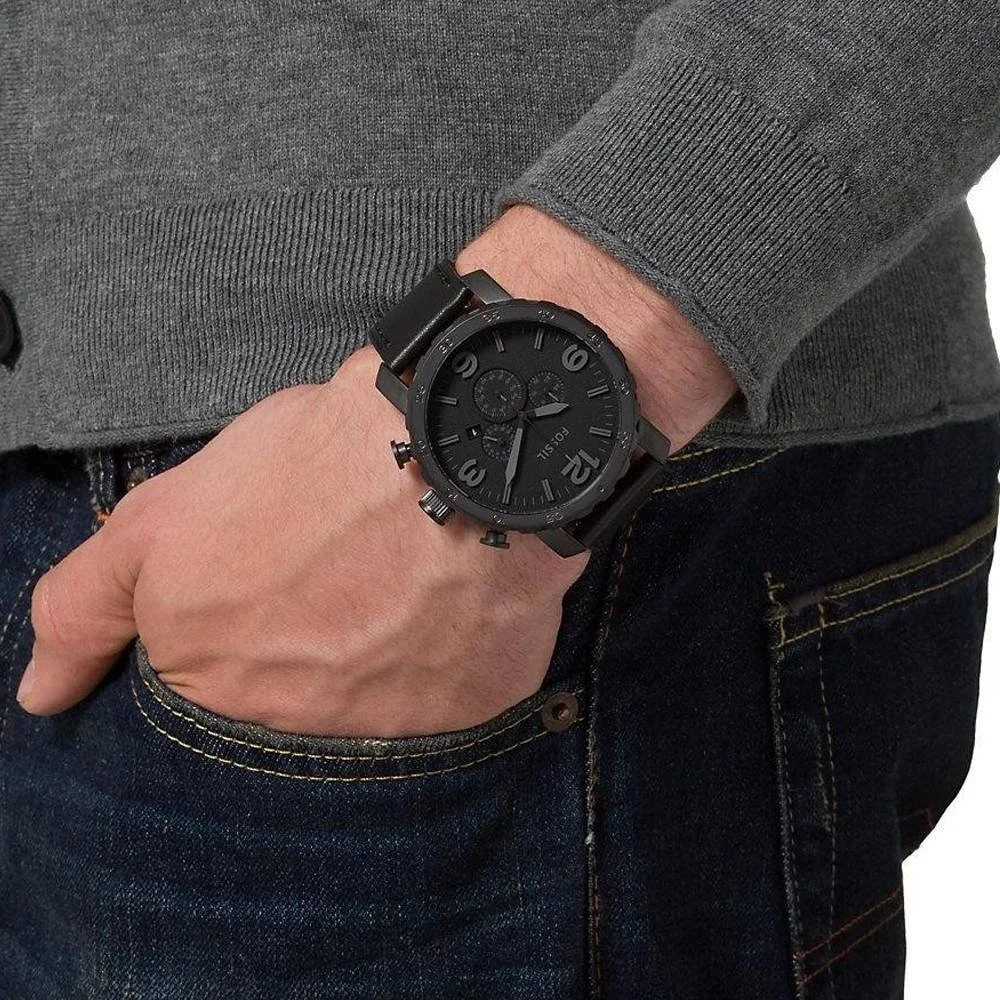 Montre Homme Fossil Nate JR1354 Chronographe Noir Gun Cuir vue 4