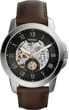 Montre automatique Fossil Grant ME3095 pour homme, cadran noir, boîtier argent, bracelet cuir marron