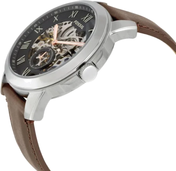 Montre automatique Fossil Grant ME3095 pour homme, cadran noir, boîtier argent, bracelet cuir marron vue 2