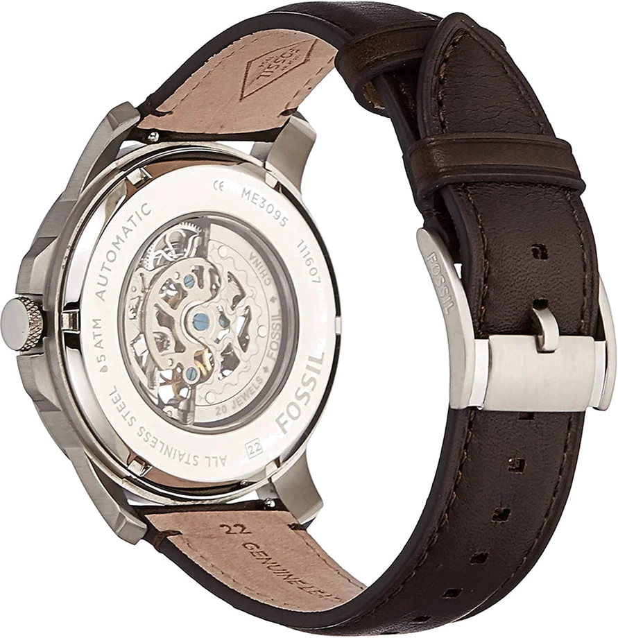 Montre automatique Fossil Grant ME3095 pour homme, cadran noir, boîtier argent, bracelet cuir marron vue 3