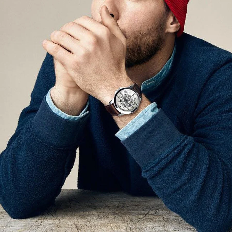 Montre automatique Fossil Grant ME3095 pour homme, cadran noir, boîtier argent, bracelet cuir marron vue 4