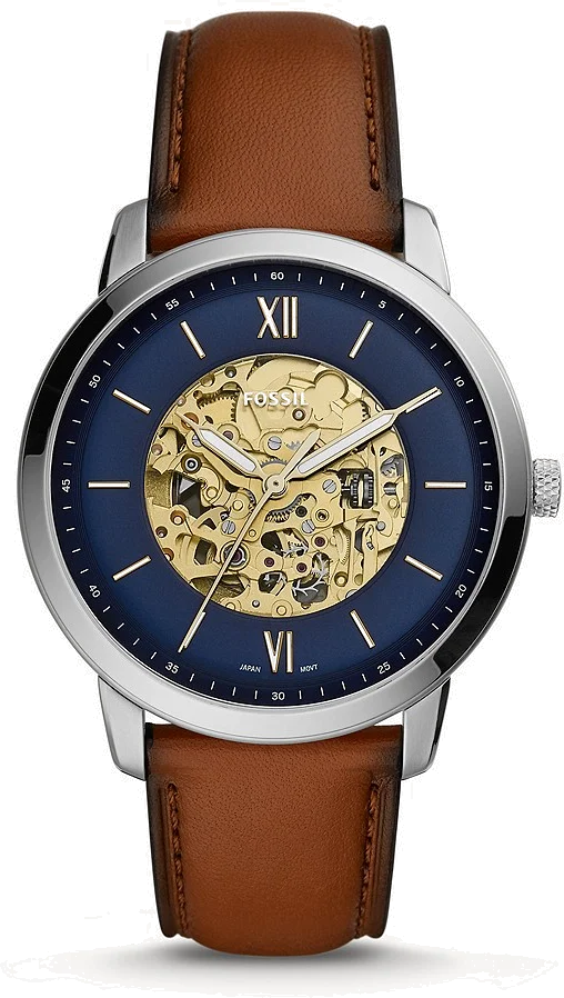 Montre Homme Fossil Neutra Automatic ME3160 - Cadran Bleu, Bracelet Cuir Marron
