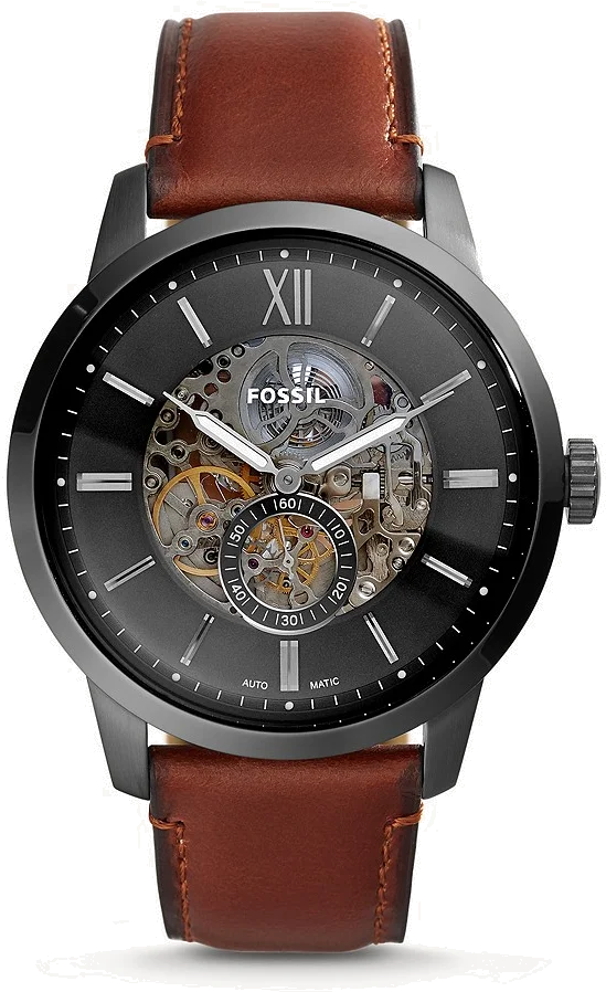 Montre automatique Fossil Townsman ME3181 pour homme, boîtier gris 48mm et bracelet cuir ambré