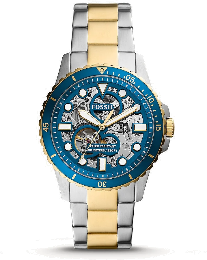 Montre Homme Fossil FB-01 Automatique ME3191 - Boîtier Acier Bicolore Argent/Or, Cadran Bleu Squelette