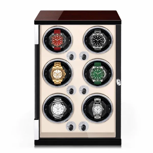 Gasmann Remontoir à Montre Automatique Capri 6 Montres Bois Ébène Intérieur PU Blanc Crème