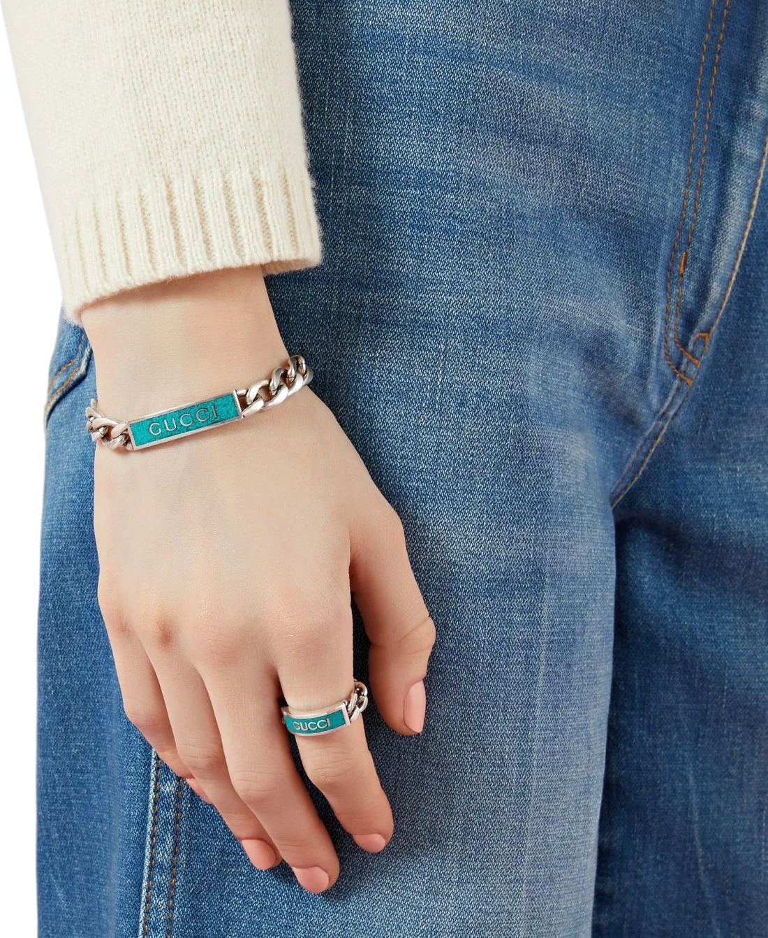Bracelet Gucci unisexe en argent 925 avec logo émail turquoise - Réf. 678712 J8410 8183 vue 3
