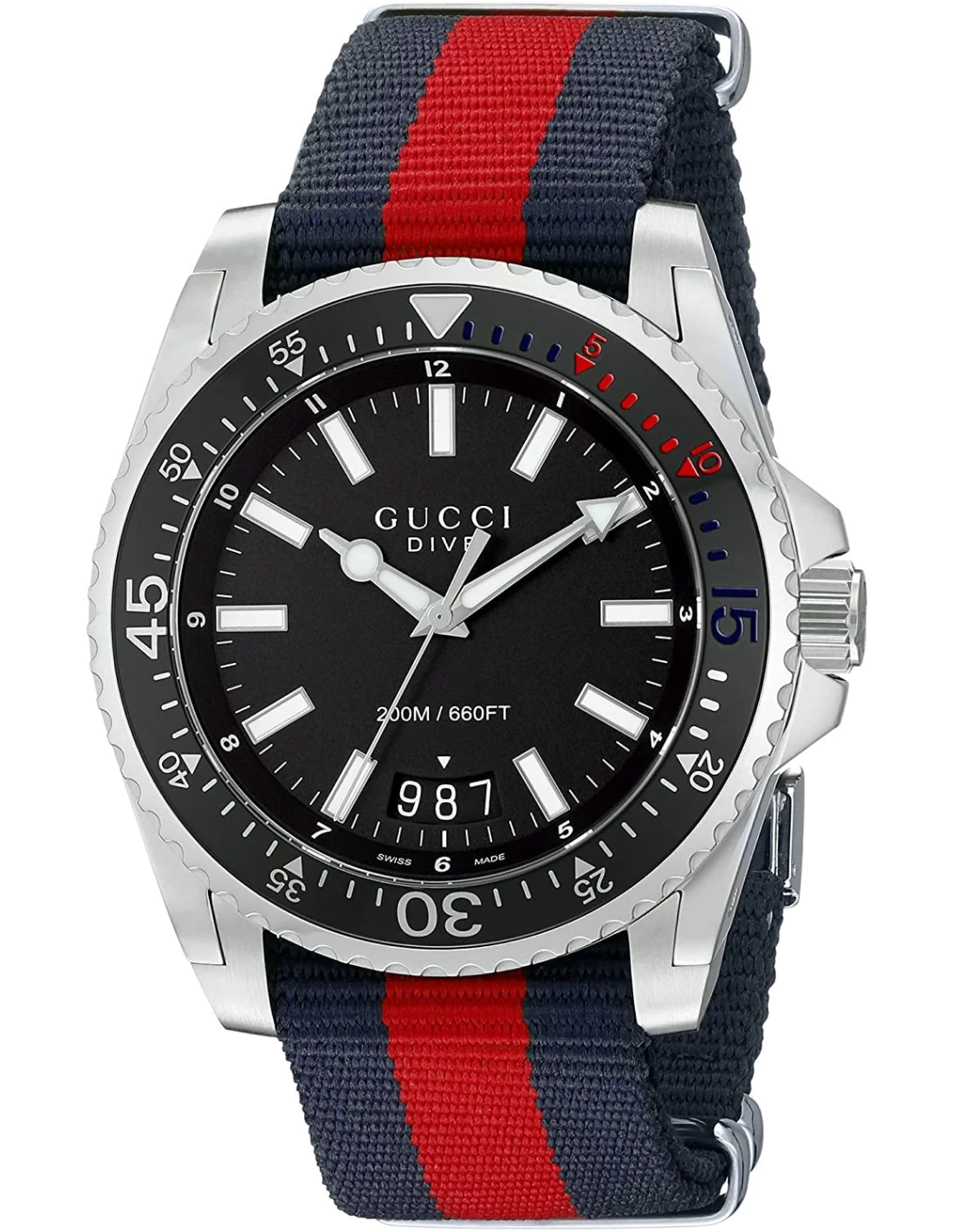 Montre Gucci Dive YA136210 Homme, Boîtier Nylon 45mm, Cadran Noir, Bracelet Nylon Bleu et Rouge