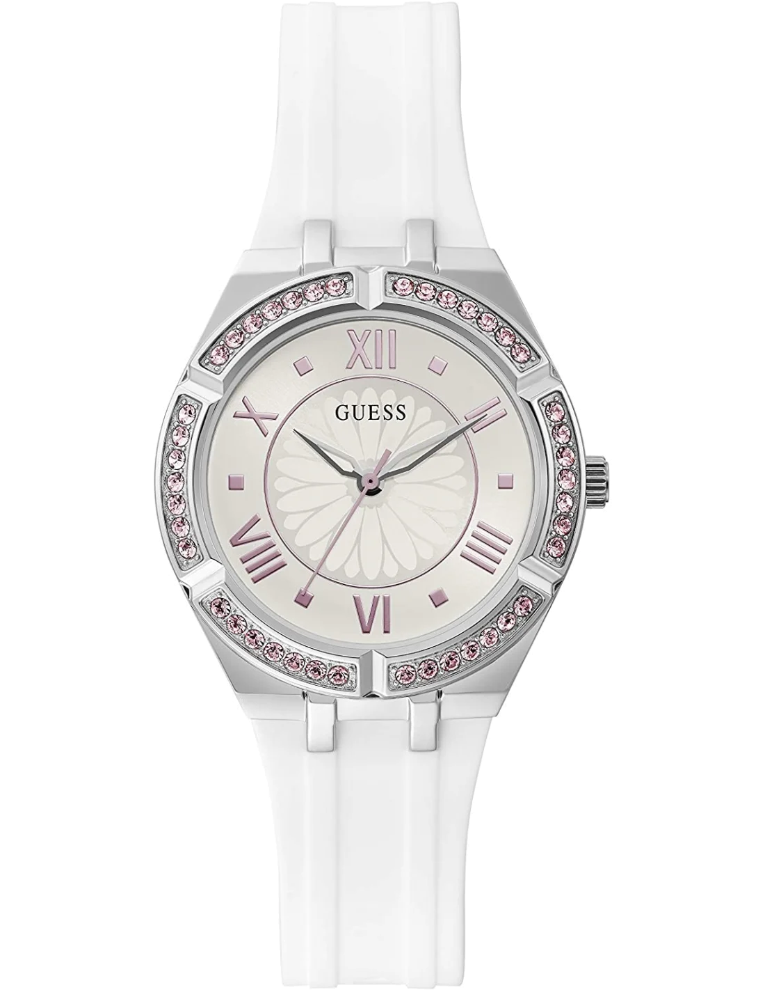 Montre Guess Femme GW0032L1 Sparkling - Boîtier Acier Strass & Bracelet Silicone Blanc
