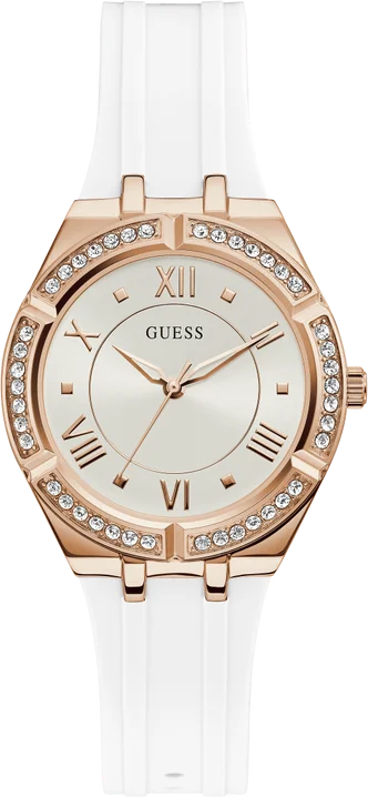 Montre Guess Femme GW0034L2 - Cadran Blanc, Bracelet Silicone Blanc, Boîtier Or Rose