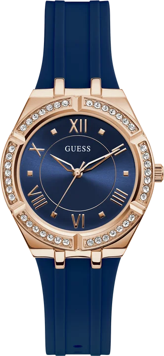 Montre Guess Cosmo GW0034L4 pour Femme - Cadran Bleu, Boîtier Or Rose, Bracelet Silicone