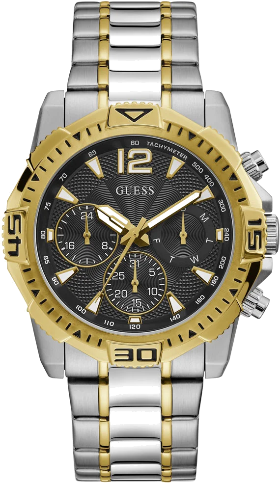 Montre Guess Homme GW0056G4 - Cadran Noir Multifonction, Bracelet Acier Bicolore Argent/Or