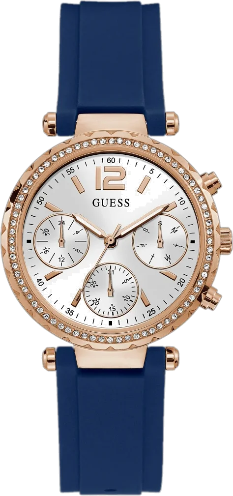Montre Femme Guess Solstice GW0113L3 - Boîtier Or Rose, Cadran Argent, Bracelet Silicone Bleu