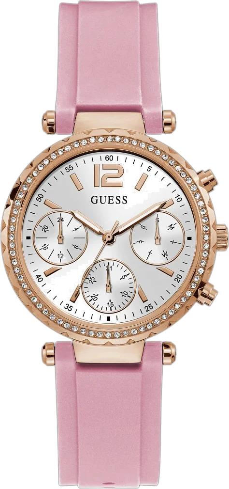 Montre Guess Solstice GW0113L4 pour Femme - Cadran Blanc, Boîtier Or Rose, Bracelet Silicone Rose