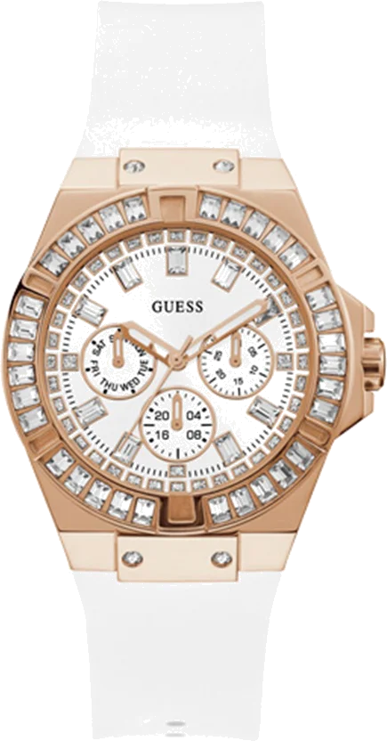 Montre Femme Guess Venus GW0118L4 en Acier Or Rose et Silicone Blanc avec Cadran à Cristaux