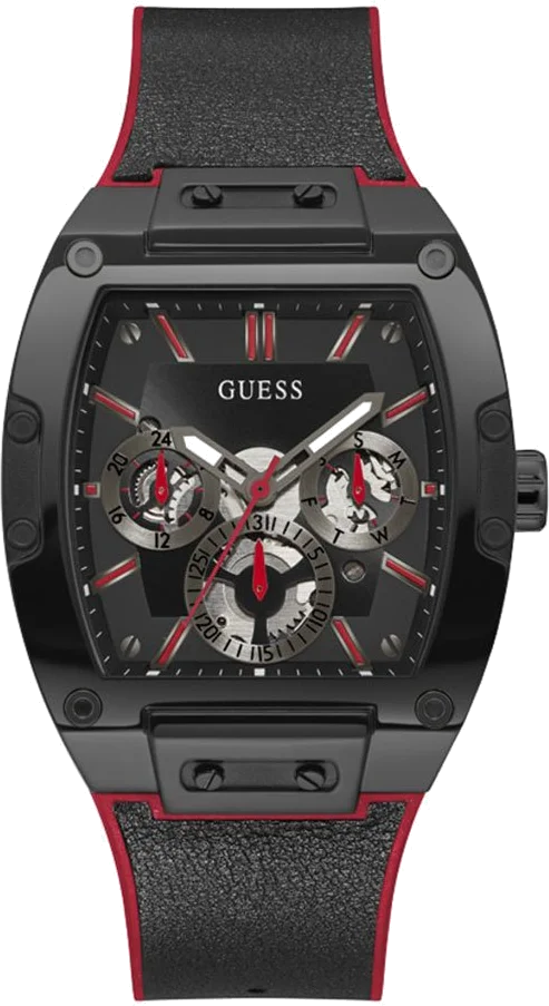 Montre Guess Phoenix GW0202G7 pour Homme - Cadran noir tonneau 43mm, bracelet Cuir noir et rouge