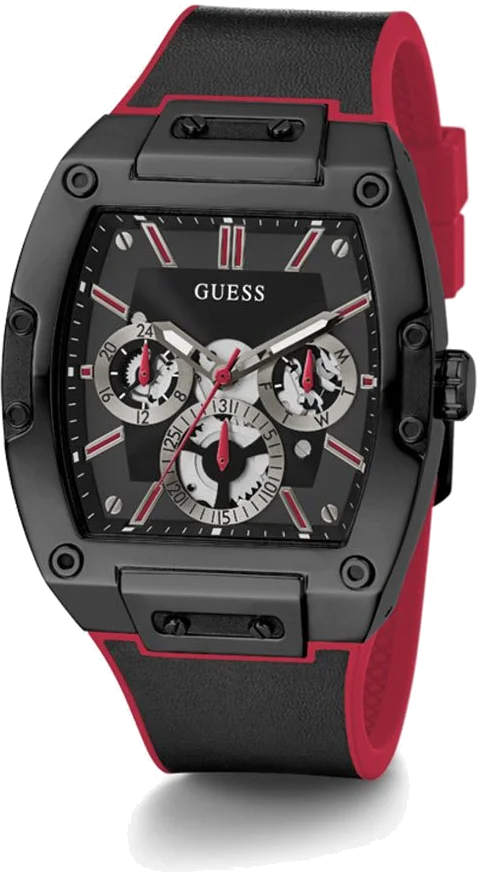 Montre Guess Phoenix GW0202G7 pour Homme - Cadran noir tonneau 43mm, bracelet Cuir noir et rouge vue 4