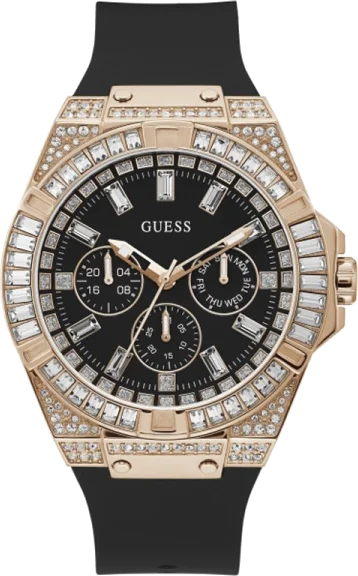 Montre Homme Guess GW0208G4 - Boîtier Or Rose 47mm, Cadran Noir, Bracelet Silicone Noir