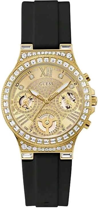 Montre Femme Guess Moonlight GW0257L1G - Cadran doré multifonction, bracelet silicone noir