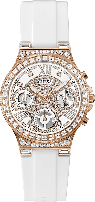 Montre Guess Moonlight GW0257L2 pour Femme - Boîtier Or Rose Strass, Bracelet Silicone Blanc