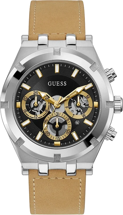 Montre Homme Guess GW0262G1 Boîtier Argenté, Cadran Noir Multifonction, Bracelet Cuir Marron