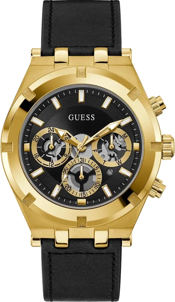 Montre Homme Guess GW0262G2 Cadran Multifonctions Noir Boîtier Or Bracelet Cuir