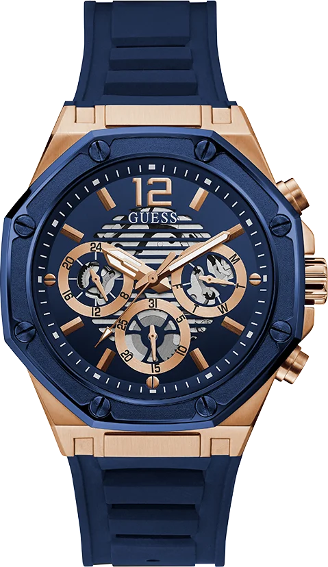 Montre Guess Homme GW0263G2 - Boîtier Octogonal Or Rose, Cadran et Bracelet Silicone Bleu