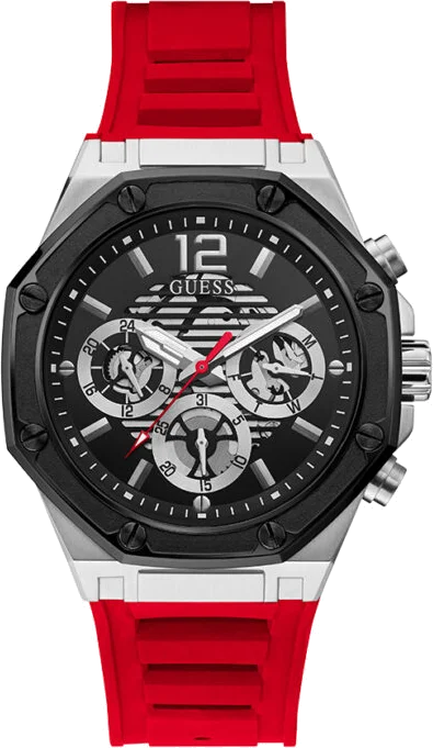 Montre Homme Guess GW0263G3 - Boîtier argenté, cadran noir, bracelet silicone rouge