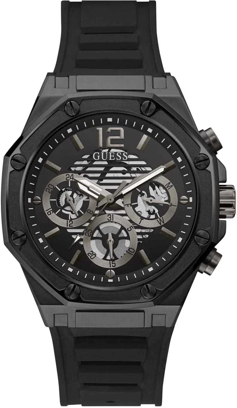 Montre Homme Guess Multifonction GW0263G4 - Boîtier Octogonal 44mm Noir, Bracelet Silicone
