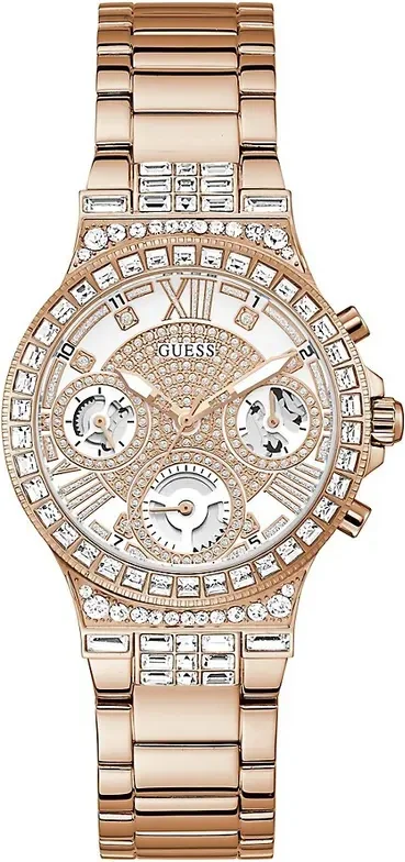 Montre Femme Guess Moonlight GW0320L3 - Boîtier Acier Or Rose, Lunette Strass, Cadran Blanc