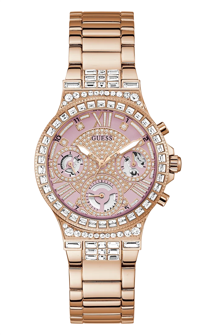 Montre Guess Femme GW0320L6, Cadran Squelette Rose, Bracelet Acier Or Rose, Boîtier Serti de Cristaux