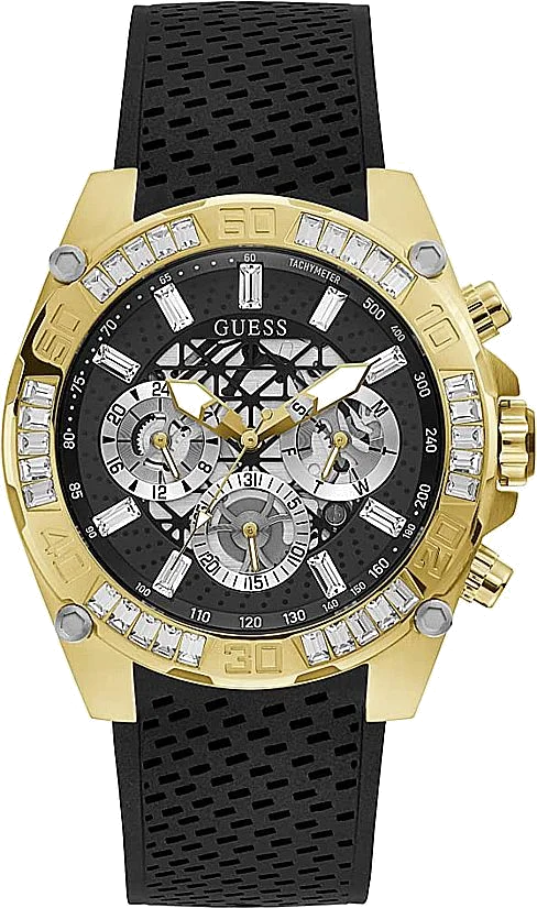 Montre Homme Guess GW0333G2 Boîtier Or, Cadran Squelette Noir, Bracelet Silicone