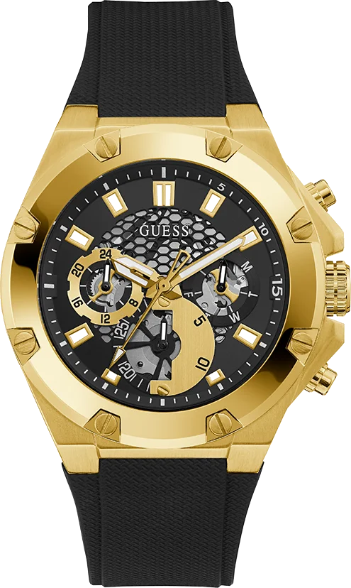 Montre Guess Third Gear pour Homme GW0334G2 - Boîtier Silicone Doré, Bracelet Silicone Noir